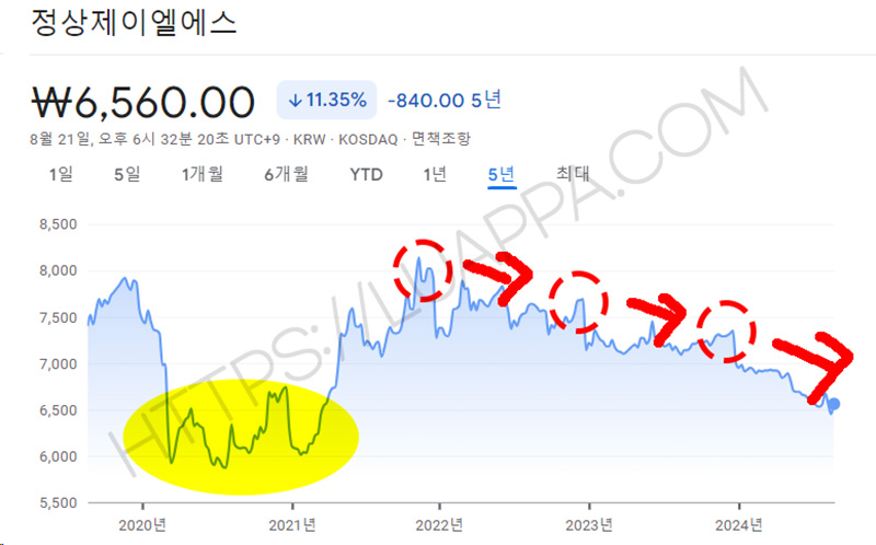 고점에서 계속 하락하는 정상제이엘에스